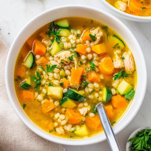 Steaming bowl of Soothing Turmeric Chicken With Pearl Barley, garnished with fresh parsley and lemon wedge.