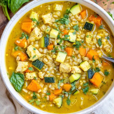 Golden-hued Soothing Turmeric Chicken With Pearl Barley served with crusty bread on a rustic table.
