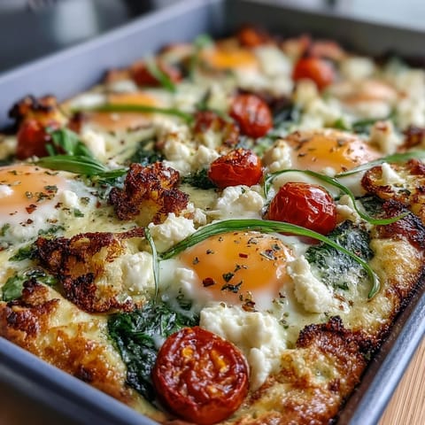 Sliced into easy squares for meal prep, this high-protein breakfast features oven-baked eggs, cottage cheese, and fresh veggies.  