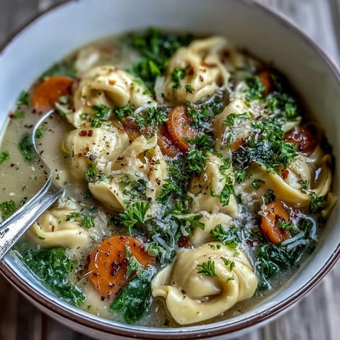 Steaming bowl of Easy Tortellini Soup With Chicken Broth, garnished with fresh parsley and grated Parmesan cheese.