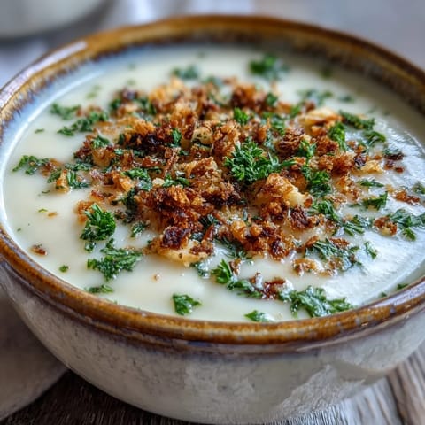 Creamy celeriac soup with hazelnut crumble served hot in a rustic white bowl.
