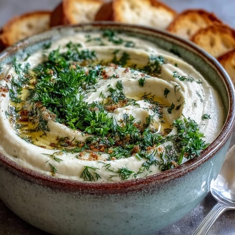 Creamy roasted parsnip and herb soup topped with fresh chives and parsley in a rustic white bowl.
