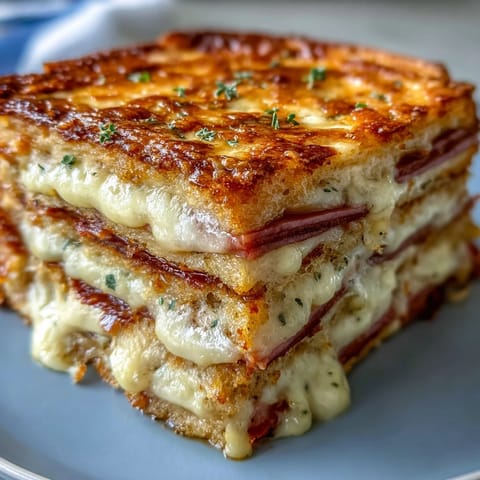 A savory slice of Croque Monsieur Casserole served with a crisp green salad and fresh chives on the side.