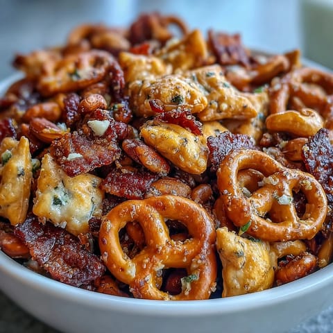 A close-up shows Everything Ranch Cheese and Pretzel Snack Mix seasoned with herbs and sesame seeds, ready for a party platter. 