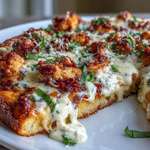 Slices of Marry Me Chicken Pizza show a crispy, brushed crust and rich Parmesan sauce.