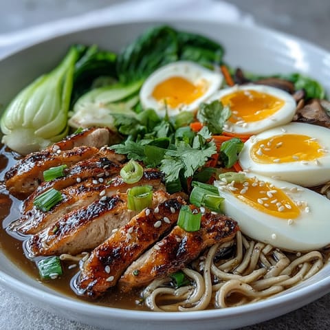 Healthy Miso Chicken Noodle Bowls feature simmered vegetables and soba noodles in a warm savory broth.