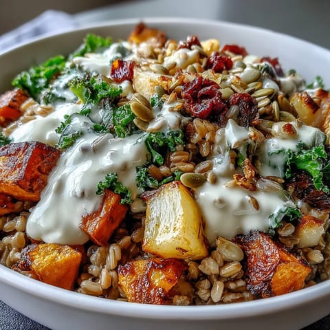 Warm Hearty Winter Grain Bowl with roasted carrots, parsnips, and sweet potatoes, drizzled with creamy tahini dressing.