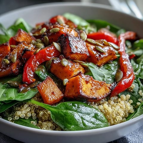 A vibrant Warm Salad Bowl with roasted sweet potato and red bell pepper, served with wilted spinach and quinoa.