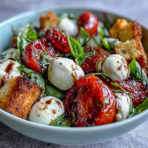 Fresh mozzarella balls and heirloom tomatoes in a Caprese Salad Bowl topped with fresh basil and drizzled with balsamic glaze.