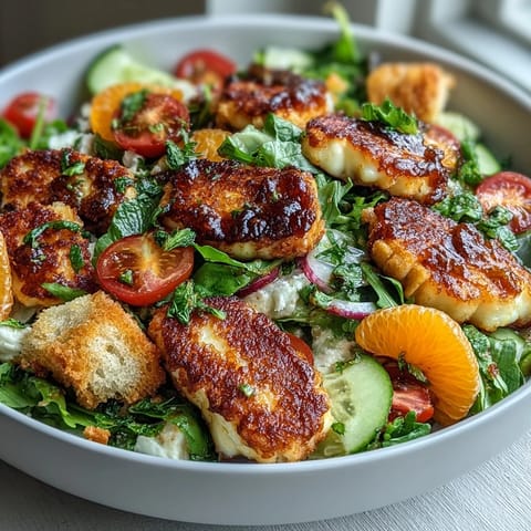 A close-up of Halloumi Blood Orange Fattoush shows crispy sourdough croutons and a vibrant zesty sumac dressing.