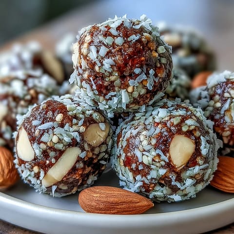 Perfectly rolled Hojicha Energy Balls dusted with coconut and hojicha powder sit on a marble surface.