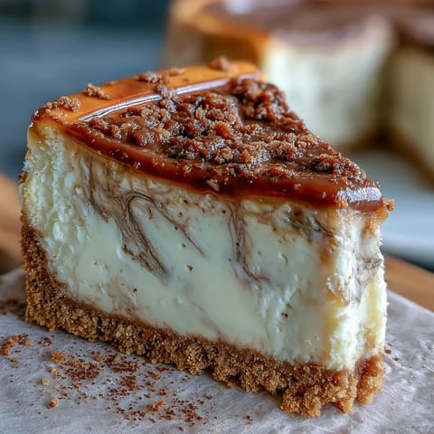 A freshly baked Hojicha Cheesecake cooling with a marbled top inside a springform pan.