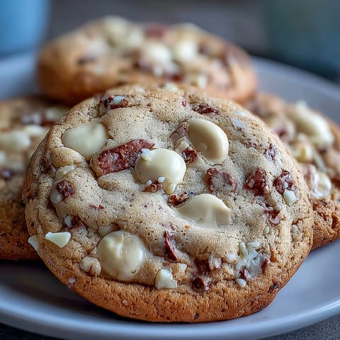 Stack of golden Hojicha White Chocolate Cookies showing a tender crumb and rich, tea-infused color next to a matcha latte.