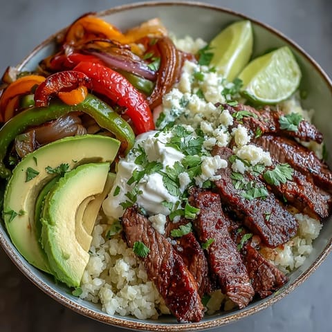 Close-up of sizzling Steak Fajita Bowl with juicy steak strips over cauliflower rice.