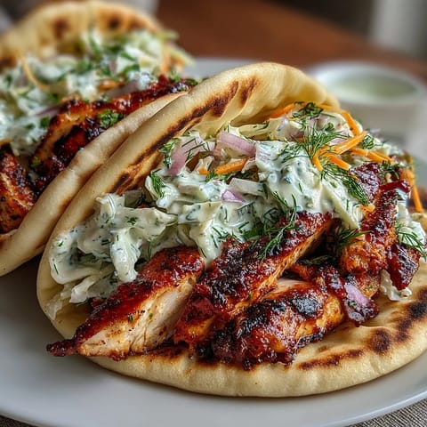 Golden spiced chicken pieces nestled in toasted pita pockets, overflowing with crisp cabbage slaw and fresh dill for a vibrant lunch. 