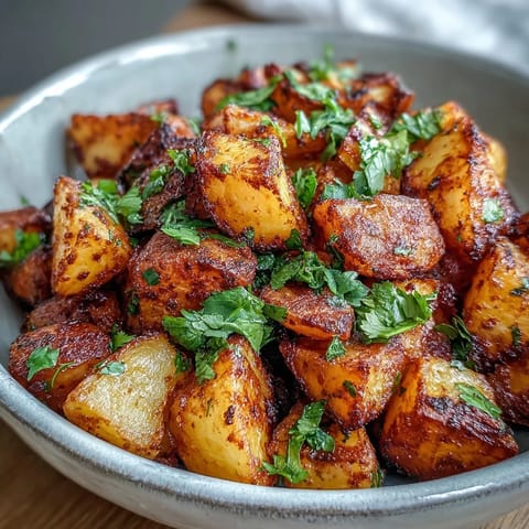 Crispy diced Spicy Mexican-Style Street Potatoes served hot with lime wedges and a dollop of sour cream on the side.