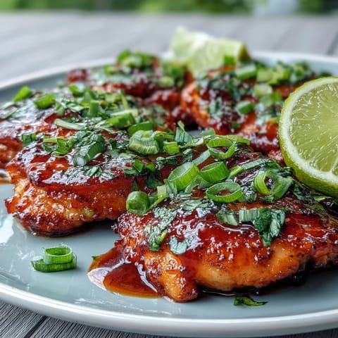 Sliced Thai Sweet Chili Chicken on a plate, garnished with green onions and lime, showcasing juicy, tender meat.