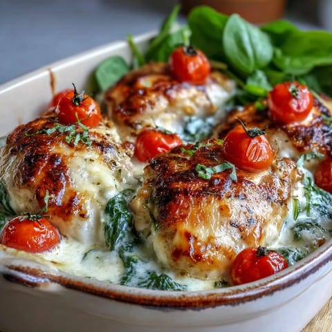 Tender chicken breasts covered in a creamy Greek yogurt and spinach sauce, paired with roasted cherry tomatoes on a rustic wooden table.