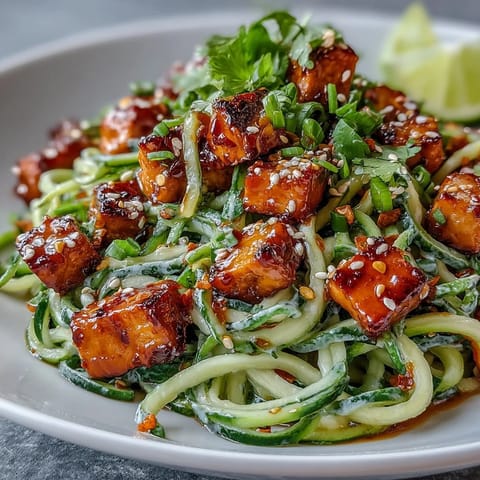 Spicy and refreshing TikTok-Style Chili Crisp Cucumber Noodle Bowls topped with tofu and sesame seeds.