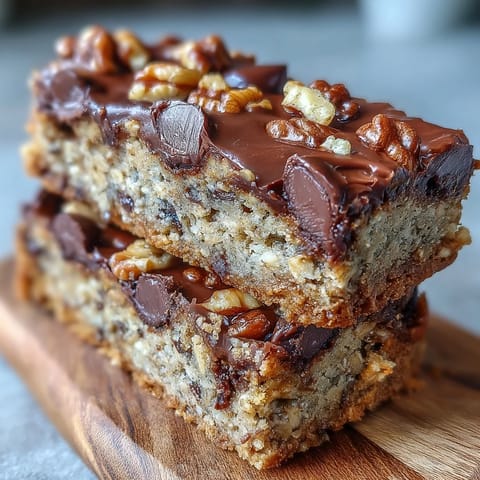 Freshly baked Chunky Monkey Protein Baked Oat Bars with melted chocolate chips and chopped walnuts on a cooling rack.