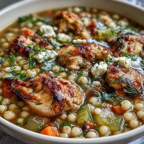 Close-up of Greek Chicken & Pearl Couscous Soup steaming in a rustic bowl, topped with crumbled feta and fresh dill, with lemon wedges on the side.