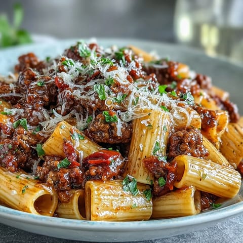 Steam rises from a skillet of One-Pot Creamy Red Wine Sausage Pasta, featuring penne pasta coated in a rich red sauce with browned sausage slices.