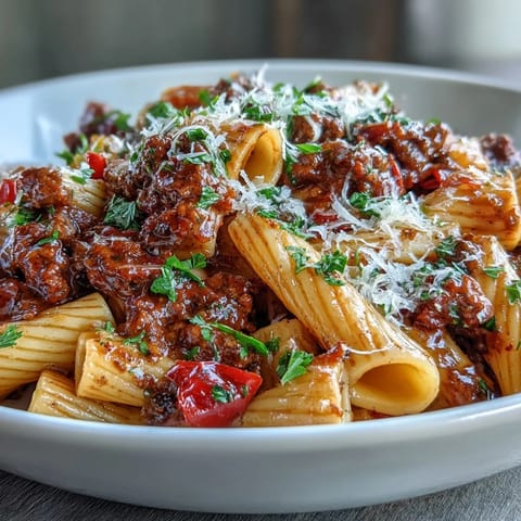 Fork twirls through One-Pot Creamy Red Wine Sausage Pasta, highlighting al dente noodles in a creamy tomato sauce, served with melted Parmesan and fresh basil garnish.