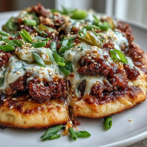 Four bubbly Cheeseburger Garlic Naan Pizzas sit on a baking sheet, garnished with sesame seeds and fresh chives, perfect for a quick weeknight dinner.