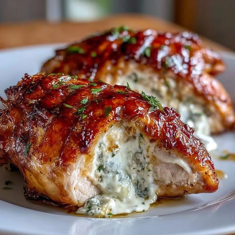 Juicy Hot Honey Ricotta Stuffed Chicken breasts, golden brown and oven-roasted, resting on a plate next to a vibrant arugula salad with cherry tomatoes.