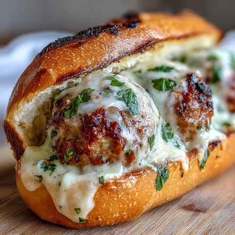 Golden-brown garlic Parmesan turkey meatball subs with melted mozzarella in toasted rolls.