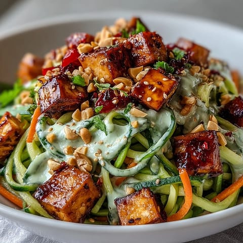 Close-up of TikTok-Style Chili Crisp Cucumber Noodle Bowls, drizzled with spicy chili crisp sauce and topped with chopped peanuts.