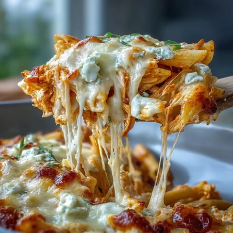 Freshly sliced green onions and crumbled blue cheese garnish the spicy, cheesy dinner.