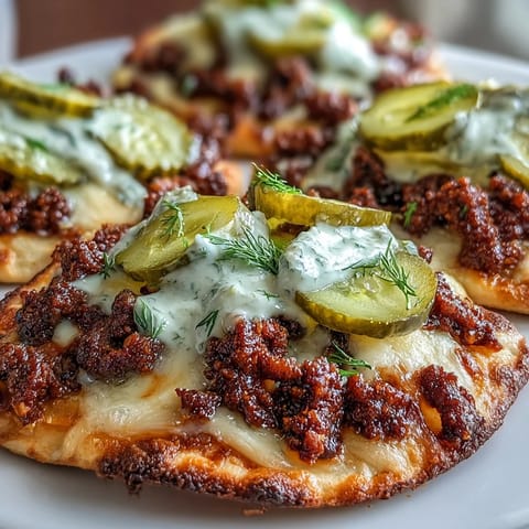 Freshly baked Cheeseburger Garlic Naan Pizzas on a plate, featuring bubbly cheddar cheese sauce over savory beef.