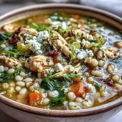 A hearty bowl of Greek Chicken & Pearl Couscous Soup topped with feta, dill, and served with lemon wedges.