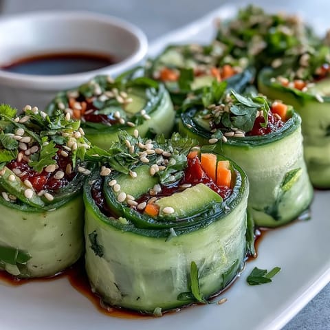 Freshly rolled Light Cucumber Avocado Rolls with Sesame featuring crisp cucumber, creamy avocado, and a sprinkle of sesame seeds.