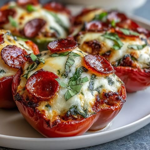 Fresh basil garnishes these Keto Pizza Stuffed Peppers, brimming with savory marinara sauce and rich Italian sausage.