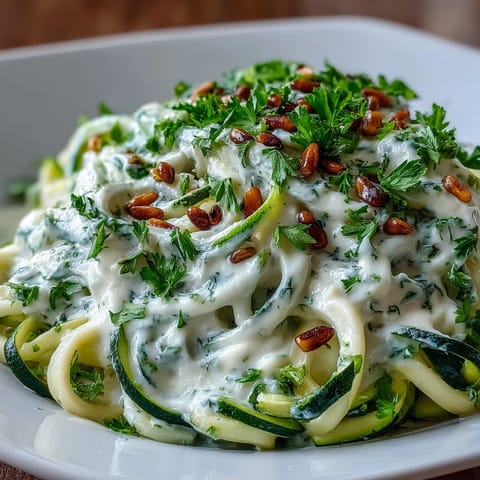 Creamy Cashew Alfredo over Zucchini Noodles is shown in a bowl topped with parsley and pine nuts.
