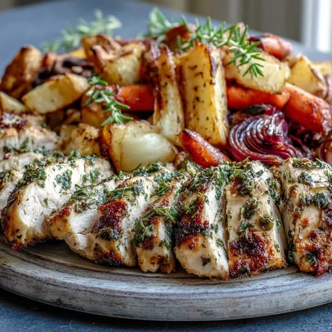 Grilled Herb Chicken with Roasted Root Vegetables presented on a rustic platter with sliced juicy chicken beside golden caramelized carrots and potatoes.