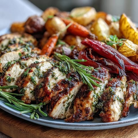 A close-up view of Grilled Herb Chicken with Roasted Root Vegetables showing herb-marinated breast slices next to tender roasted parsnips and red onion wedges.
