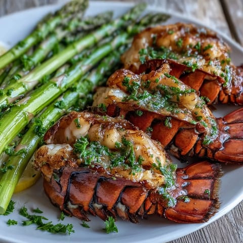 Juicy Keto Garlic Butter Lobster Tails with Asparagus roasted with garlic butter and served on a plate.