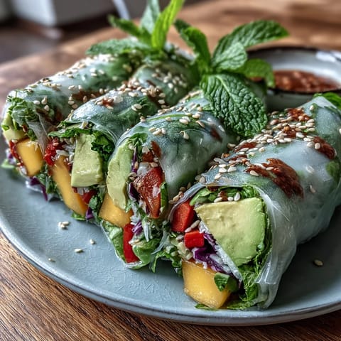 Fresh vegan spring rolls bursting with mango, avocado, and crisp veggies, served with zesty sweet chili dipping sauce.  