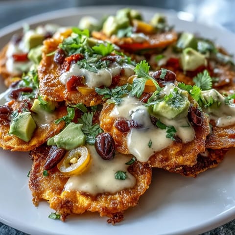 Vibrant vegan nachos featuring golden sweet potato chips layered with spiced black beans and dairy-free cashew queso, perfect for sharing.  