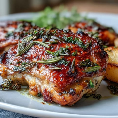 Herb Roasted Chicken Thighs with Carrots and Potatoes - golden, crispy-skinned chicken thighs surrounded by tender roasted vegetables, all seasoned with fragrant herbs and a hint of lemon zest.