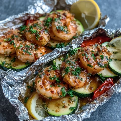 Bright and buttery Keto Lemon Butter Garlic Shrimp Packets with Zucchini, with juicy shrimp, fresh zucchini, and a drizzle of zesty lemon butter sauce.