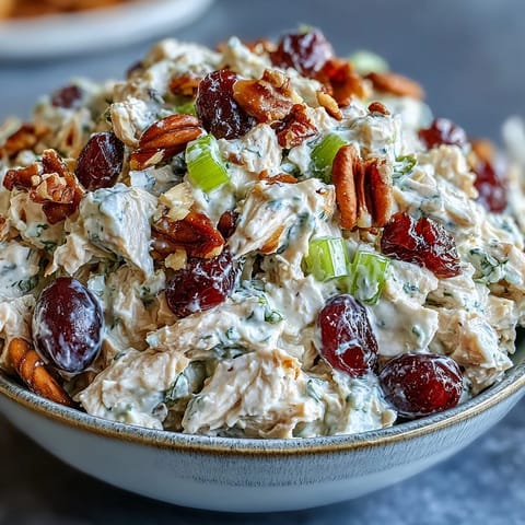 Close-up of vegan chicken salad featuring flaky chickpeas, crisp celery, and sweet red grapes on a white plate.  