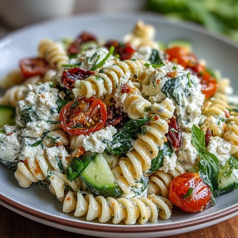 High Protein Cottage Cheese Pasta Salad with fresh vegetables and creamy dressing, perfect for a light and filling summer meal.