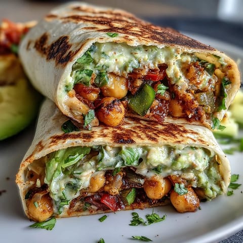 Vibrant vegan wrap showcasing seasoned chickpeas and fresh avocado slices, offering bold flavors and satisfying texture.