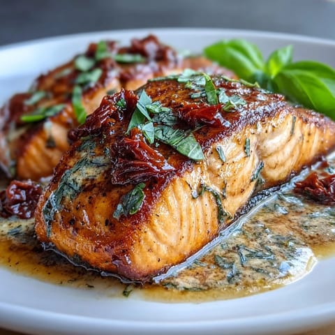 Creamy Marry Me Salmon with sun-dried tomatoes and garlic sauce in a skillet, garnished with fresh basil.  