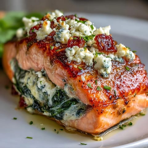 Deliciously stuffed salmon fillets with creamy feta, spinach, and red peppers baked until tender.  