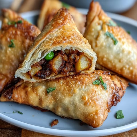 Crispy air fried vegetable samosas filled with spiced potatoes, peas, and carrots, served with fresh mint chutney.  